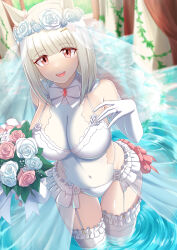 Rule 34 | 1girl, absurdres, alternate breast size, alternate costume, animal ears, blunt bangs, blurry, blurry background, breasts, bridal veil, commentary request, covered navel, detached sleeves, dress, flower, grey hair, happy meek (umamusume), highres, hime cut, horse ears, horse girl, horse tail, jewelry, large breasts, looking at viewer, open mouth, red eyes, ribbon, ring, same kujira (challenger 310), solo, tail, thighhighs, umamusume, veil, water, wedding dress, wedding ring