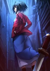 Rule 34 | 1girl, black footwear, black hair, blue eyes, blue kimono, fate/grand order, fate (series), glint, glowing, glowing eyes, herigaru (fvgyvr000), highres, jacket, japanese clothes, kara no kyoukai, kimono, knife, long sleeves, looking at viewer, looking back, open clothes, open jacket, outdoors, profile, red jacket, ryougi shiki, short hair, solo, standing, weapon