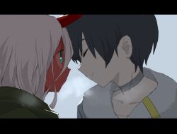 Rule 34 | 10s, 1boy, 1girl, ^ ^, aqua eyes, black hair, blurry, closed eyes, colored skin, darling in the franxx, depth of field, face-to-face, half-closed eyes, happy, highres, hiraisu (evxv5354), hiro (darling in the franxx), horns, letterboxed, looking at another, pink hair, red skin, smile, spoilers, zero two (darling in the franxx)
