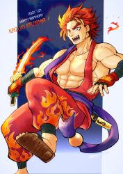 Rule 34 | 1boy, abs, dated, fangs, fingerless gloves, fire, flame print, flaming sword, flaming weapon, gloves, happy birthday, highres, hirano (spreadbomb), holding, japanese clothes, kazama kazuki, looking at viewer, male focus, muscular, muscular male, pants, pectorals, red eyes, red gloves, red hair, samurai spirits, sandals, sheath, short hair, smile, solo, sword, thick eyebrows, weapon, zouri