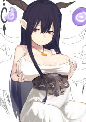 Rule 34 | 10s, 1girl, bare shoulders, grabbing another&#039;s breast, breasts, cleavage, collarbone, covered erect nipples, crescent, cum, cum on body, cum on breasts, cum on upper body, danua, deep skin, draph, dress, female focus, grabbing, granblue fantasy, gretel (granblue fantasy), hair between eyes, hansel (granblue fantasy), highres, horn ornament, horns, jewelry, large breasts, level.21, long hair, looking away, looking to the side, necklace, open mouth, pointy ears, purple hair, red eyes, simple background, sitting, solo, strap gap, white background, white dress