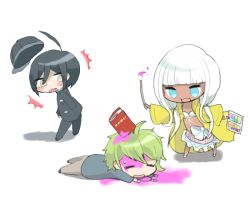 Rule 34 | 1girl, 2boys, :d, amami rantaro, bikini, blonde hair, blood, blood on clothes, blood on face, blood splatter, book, collarbone, commentary request, danganronpa (series), danganronpa v3: killing harmony, dark-skinned female, dark skin, dated, green eyes, happy birthday, jewelry, long hair, long sleeves, looking at viewer, miaivz, multiple boys, necklace, open mouth, own hands together, paintbrush, saihara shuichi, short hair, smile, sparkling eyes, swimsuit, teeth, tongue, upper body, upper teeth only, yonaga angie