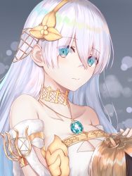 Rule 34 | 1girl, anastasia (fate), bare shoulders, blue eyes, blush, cape, closed mouth, commentary request, doll, dress, eyes visible through hair, fate/grand order, fate (series), hair between eyes, hair over one eye, hairband, highres, holding, jewelry, long hair, looking at viewer, necklace, reuri (tjux4555), ribbon, royal robe, silver hair, solo, upper body