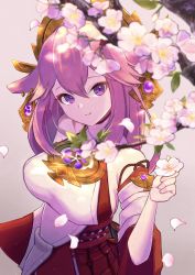 Rule 34 | 1girl, absurdres, animal ears, breasts, cherry blossoms, commentary request, detached sleeves, earrings, fox ears, from above, genshin impact, grey background, hair between eyes, hair ornament, highres, japanese clothes, jewelry, long hair, looking at viewer, looking up, miko, muitarou, petals, pink hair, purple eyes, sideboob, sidelocks, smile, solo, tree, vision (genshin impact), wide sleeves, yae miko