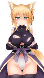 Rule 34 | 1girl, animal ears, black gloves, black thighhighs, blonde hair, blush, breast hold, breasts, cameltoe, cowboy shot, cowfee, dog days, closed eyes, fingerless gloves, fox ears, fox tail, fundoshi, gloves, gluteal fold, green eyes, groin, hair between eyes, highres, huge breasts, japanese clothes, jewelry, looking at viewer, pendant, sash, side ponytail, simple background, sleeveless, solo, tail, thigh gap, thighhighs, torn clothes, white background, yukikaze panettone