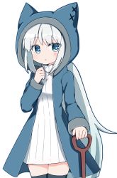 Rule 34 | 1girl, animal hood, black thighhighs, blue coat, blue eyes, blush, cat hood, chibi, coat, dress, fate/grand order, fate (series), grey hair, hood, long hair, looking at viewer, morgan le fay (fate), ponytail, rabiiandrain, ribbed dress, short dress, simple background, solo, surprised, thighhighs, white background, white dress