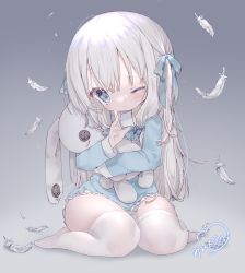 Rule 34 | 1girl, blue eyes, blue shirt, feathers, gradient background, grey background, hand to own mouth, highres, hug, long hair, mirukutarou, no pants, hugging object, one eye closed, original, ribbon, shirt, silver hair, simple background, solo, stuffed toy, symbol-shaped pupils, thighhighs, thighs, white thighhighs