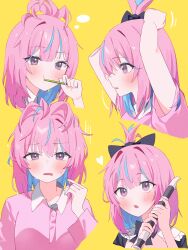 Rule 34 | 1girl, absurdres, adjusting hair, black bow, blue hair, blush, bow, brushing teeth, colored inner hair, cropped shoulders, dot nose, flute, hair bow, highres, holding, holding instrument, holding toothbrush, hololive, instrument, long sleeves, medium hair, minato aqua, motion lines, multicolored hair, multiple views, nel dcm, open mouth, pajamas, pink hair, pink pajamas, pink shirt, recorder, shirt, sidelocks, simple background, straight-on, streaked hair, sweatdrop, toothbrush, topknot, virtual youtuber, yellow background