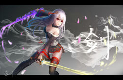Rule 34 | 00s, 1girl, bare shoulders, breasts, cleavage, detached sleeves, dual wielding, dungeon and fighter, female slayer (dungeon and fighter), holding, letterboxed, long hair, red eyes, solo, sword, thighhighs, vagabond (dungeon and fighter), wangchuan de quanyan, weapon, white hair