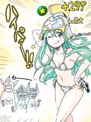 Rule 34 | 1girl, ;p, arm behind head, athena (p&amp;d), bikini, blush, breasts, clapping, cleavage, collarbone, cu chulainn (p&amp;d), gigas (p&amp;d), green hair, helmet, holding, ishiyumi, long hair, navel, one eye closed, puzzle &amp; dragons, red eyes, side-tie bikini bottom, siegfried (p&amp;d), small breasts, smile, solo focus, sparkle, star (symbol), sunglasses, swimsuit, tongue, tongue out, translation request, white bikini