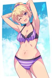 Rule 34 | 1girl, ;d, armpits, arms behind head, arms up, bare arms, bare shoulders, bikini, blonde hair, blue sky, breasts, cleavage, cloud, cloudy sky, collarbone, day, e20, fang, front-tie bikini top, front-tie top, head tilt, highres, looking at viewer, medium breasts, navel, one eye closed, open mouth, original, ponytail, purple eyes, sky, smile, solo, striped bikini, striped clothes, swimsuit, tan, vertical-striped bikini, vertical-striped clothes