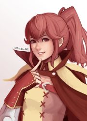Rule 34 | 1girl, anna (fire emblem), cape, cm lynarc, commentary, finger to face, fingerless gloves, fire emblem, fire emblem awakening, gloves, highres, index finger raised, nintendo, open mouth, ponytail, popped collar, red cape, red eyes, red hair, simple background, smile, solo