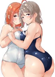 Rule 34 | 2girls, absurdres, ahoge, ass, back, black one-piece swimsuit, blue one-piece swimsuit, blush, breast press, brown hair, butt crack, closed mouth, commission, covered navel, from side, hair between eyes, highres, looking at viewer, love live!, love live! sunshine!!, medium hair, multiple girls, one-piece swimsuit, orange hair, parted bangs, parted lips, red eyes, shinonon (iso shino), shoulder blades, sidelocks, simple background, skeb commission, smile, standing, swept bangs, swimsuit, symmetrical docking, takami chika, thighs, watanabe you, white background, white one-piece swimsuit