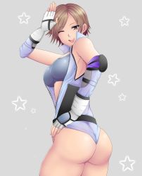 Rule 34 | 1girl, ;d, ;p, absurdres, adapted costume, anko-chan (kurokogenoan), ass, bare shoulders, blue bra, bra, breasts, brown eyes, brown hair, center opening, cowboy shot, elbow gloves, elbow pads, fingerless gloves, from behind, gloves, hand guard, highres, jumpsuit, kazama asuka, looking at viewer, looking back, medium breasts, namco, one eye closed, open mouth, shiny clothes, shiny skin, short hair, short shorts, shorts, smile, solo, sports bra, star (symbol), tekken, tongue, tongue out, underwear, unzipped, wink