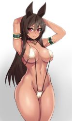 Rule 34 | 1girl, animal ears, ankh, anubis (houtengeki), armlet, armpits, arms behind back, blush, borrowed character, breasts, brown hair, choker, commentary, covered erect nipples, cowboy shot, curvy, dark-skinned female, dark skin, dog ears, gradient background, grey background, hair between eyes, hevn, highres, large breasts, long hair, looking at viewer, monster girl, navel, original, red eyes, simple background, slingshot swimsuit, smile, solo, swimsuit, thighs, wide hips