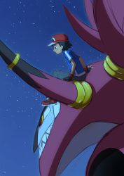 Rule 34 | 1boy, ame (ame025), ash ketchum, baseball cap, black gloves, black hair, blue jacket, closed mouth, creatures (company), fingerless gloves, from side, game freak, gen 6 pokemon, gloves, grey pants, hat, hoopa, hoopa (unbound), jacket, legendary pokemon, male focus, mythical pokemon, night, nintendo, outdoors, pants, pokemon, pokemon (anime), pokemon (creature), pokemon xy (anime), red footwear, red headwear, shoes, short hair, short sleeves, sitting, sky, star (symbol)