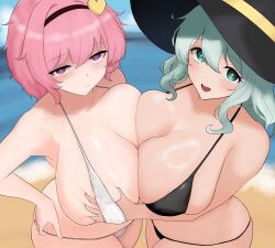 2girls absurdres alternate_breast_size bikini black_bikini black_eyes black_hairband black_hat blush bow breast_press breasts cleavage commentary_request from_above grabbing_another&#039;s_breast green_hair groping hairband hat hat_bow heart highres huge_breasts incest komeiji_koishi komeiji_satori looking_at_viewer medium_hair moriforest1040 multiple_girls open_mouth pink_hair short_hair siblings sisters smile swimsuit symmetrical_docking touhou white_bikini yuri