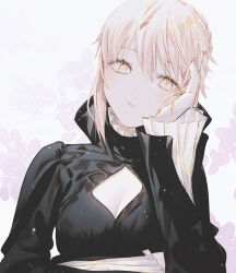 Rule 34 | 1girl, artoria pendragon (all), artoria pendragon (fate), black dress, black ribbon, blonde hair, breasts, cleavage cutout, closed mouth, clothing cutout, commentary, dress, fate/hollow ataraxia, fate/stay night, fate (series), fov ps, goth fashion, hair ribbon, head rest, head tilt, long sleeves, looking at viewer, medium breasts, pale skin, ribbon, saber alter, short hair, sidelocks, solo, white background, yellow eyes