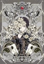 Rule 34 | 1girl, androgynous, animal skull, black hair, black jacket, black nails, bone, cross, epiphyllum, flower, flower over eye, gem, gold trim, greek cross, grey background, hand to own mouth, jacket, jewelry, leaf, lily (flower), long sleeves, looking at viewer, nail polish, one eye covered, original, parted lips, picture frame, red gemstone, ring, short hair, slothm22, solo, straight-on, sunburst, upper body, white flower, white lily, yellow eyes