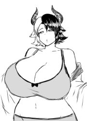 Rule 34 | 1girl, animal ears, bare shoulders, breasts, chestnut mouth, cleavage, collarbone, cow ears, cow girl, cow horns, dot nose, half-closed eyes, highres, horns, huge breasts, looking at viewer, midriff, momijizx, monochrome, short hair, solo, standing, thick thighs, thighs, touhou, undressing, ushizaki urumi, white background, wide hips