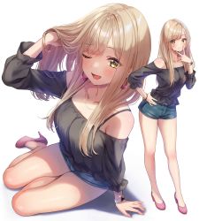 Rule 34 | 1girl, amagi shino, bare shoulders, blonde hair, blush, commentary request, earrings, eyelashes, happy, high heels, highres, jewelry, long hair, looking at viewer, one eye closed, original, shorts, simple background, sitting, smile, solo, standing, watch, white background, wristwatch, yellow eyes