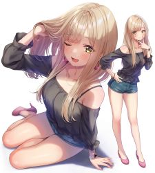 1girl amagi_shino bare_shoulders blonde_hair blush commentary_request earrings eyelashes happy high_heels highres jewelry long_hair looking_at_viewer one_eye_closed original shorts simple_background sitting smile solo standing watch white_background wristwatch yellow_eyes