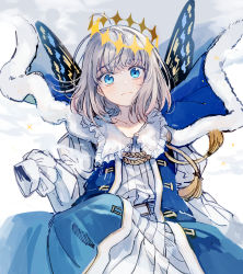 Rule 34 | 1boy, aged down, arthropod boy, blue cape, blue eyes, bug, butterfly, butterfly wings, cape, child, chinese commentary, cloak, commentary, crown, diamond hairband, english commentary, fate/grand order, fate (series), fur-trimmed cloak, fur trim, gold trim, grey hair, highres, insect, insect wings, light blush, light particles, long sleeves, looking at viewer, male focus, medium hair, oberon (fate), oversized clothes, puffy sleeves, shichimi (ftlvampire32), solo, tassel, white fur, white hair, wings