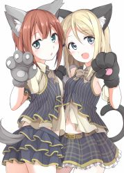 Rule 34 | 2girls, :d, animal ears, animal hands, ayase alisa, bad id, bad pixiv id, belt, blonde hair, blue eyes, blue jacket, blue skirt, blush, bow, bowtie, brown hair, cat ears, cat tail, checkered clothes, checkered skirt, commentary request, cowboy shot, detached sleeves, dog ears, dog tail, fang, frilled skirt, frills, grey bow, grey bowtie, hair between eyes, jacket, kosaka yukiho, long hair, looking at viewer, love live!, love live! school idol project, medium hair, mobu, multiple girls, open mouth, parted lips, paw pose, shirt, simple background, skirt, sleeveless, sleeveless jacket, smile, tail, white background, white shirt