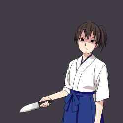 Rule 34 | 10s, 1girl, animated, animated png, blinking, brown hair, frown, japanese clothes, kaga (kancolle), kantai collection, kinosuke (sositeimanoga), kitchen knife, knife, looking at viewer, md5 mismatch, shaded face, side ponytail, solo, throwing, ugoira