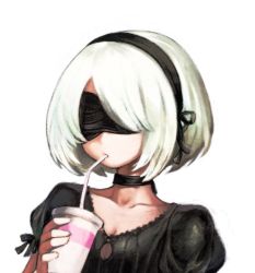Rule 34 | 1girl, black blindfold, black dress, black hairband, black neckwear, blindfold, breasts, choker, close-up, collarbone, cup, dress, drinking, drinking straw, facing viewer, hairband, holding, holding cup, jun (navigavi), nier:automata, nier (series), puffy short sleeves, puffy sleeves, short hair, short sleeves, silver hair, simple background, small breasts, upper body, white background, 2b (nier:automata)