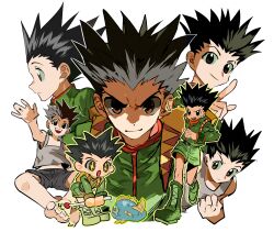 Rule 34 | 1boy, :d, absurdres, backpack, bag, black hair, black shorts, boots, brown eyes, clenched hand, closed mouth, from side, gon freecss, green footwear, green jacket, green shorts, high collar, highres, holding, hunter x hunter, jacket, leaning forward, male focus, multiple views, open mouth, pointing, running, shirt, shorts, smile, sparkling eyes, spiked hair, tank top, teeth, upper teeth only, waving, white shirt, xi luo an ya, yellow bag