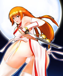 Rule 34 | 1girl, ass, blush, breasts, brown eyes, brown hair, dead or alive, elbow gloves, from behind, full moon, gloves, hair down, highres, hkn (ringya), huge ass, kasumi (doa), large breasts, long hair, moon, ninja, ninjatou, obi, panties, pelvic curtain, reverse grip, sash, short sword, solo, sword, tecmo, thighhighs, thong, underwear, vambraces, weapon, white thighhighs