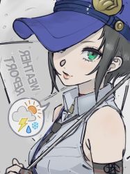 Rule 34 | 1girl, arm warmers, bad id, bad pixiv id, bare shoulders, black hair, black necktie, blue eyes, blue hat, breasts, collar, collared shirt, green eyes, grey background, hat, highres, looking at viewer, marie (persona 4), necktie, parted lips, peaked cap, persona, persona 4, persona 4 the golden, poechan chan, rain, red collar, safety pin, shirt, short hair, sleeveless, sleeveless shirt, small breasts, solo, speech bubble, umbrella, upper body, white shirt
