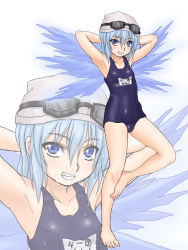 Rule 34 | 1girl, armpits, barefoot, blue eyes, blue hair, blush, circled 9, cirno, feet, female focus, goggles, grin, highres, kuro suto sukii, matching hair/eyes, one-piece swimsuit, school swimsuit, shiny clothes, smile, solo, standing, standing on one leg, swimsuit, touhou, wet, wet clothes, wet hair, wings