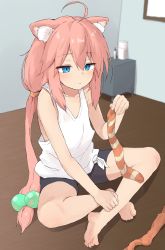 Rule 34 | 1girl, absurdres, ahoge, animal ears, barefoot, blue eyes, cat ears, cat girl, collarbone, commentary request, female focus, flat chest, full body, hair bobbles, hair ornament, highres, hinata channel, holding, holding clothes, holding legwear, indian style, indoors, long hair, low twintails, nekomiya hinata, pink hair, sitting, sleeveless, soles, solo, tank top, toes, twintails, virtual youtuber, white tank top, yakihebi