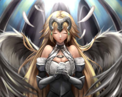 Rule 34 | 1girl, absurdres, angel wings, bad id, bad pixiv id, bare shoulders, blonde hair, breasts, chain, cleavage, closed eyes, fate/apocrypha, fate (series), feathered wings, feathers, gauntlets, headpiece, highres, jeanne d&#039;arc (fate), jeanne d&#039;arc (ruler) (fate), jeanne d&#039;arc (third ascension) (fate), large breasts, long hair, own hands clasped, own hands together, shiki (chen321aa), solo, very long hair, vest, wings