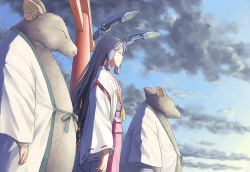 Rule 34 | 1girl, 2others, alternate costume, chinese zodiac, from side, hair ribbon, headgear, japanese clothes, kantai collection, long hair, looking away, miko, mouse (animal), multiple others, murakumo (kancolle), ribbon, silver hair, taruya, torii, tress ribbon, year of the rat