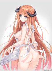 Rule 34 | 1girl, apron, arknights, artist name, ass, bagpipe (arknights), bare arms, bare shoulders, blunt bangs, blush, breasts, closed mouth, cowboy shot, frilled apron, frills, from behind, grey background, highres, horns, long hair, looking at viewer, looking back, medium breasts, naked apron, orange hair, purple eyes, sakura nnk, sideboob, simple background, solo, straight hair, very long hair, white apron