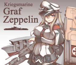 Rule 34 | 10s, 1girl, blonde hair, breast hold, breasts, capelet, character name, covered erect nipples, cross, female focus, flight deck, german text, germany, gloves, graf zeppelin (kancolle), grey eyes, hair between eyes, hair over one eye, hat, highres, impossible clothes, iron cross, kantai collection, large breasts, light smile, looking at viewer, machinery, md5 mismatch, military, military hat, military uniform, miniskirt, necktie, okutama tarou, peaked cap, remodel (kantai collection), resolution mismatch, sidelocks, skirt, smile, smirk, solo, source smaller, twintails, uniform