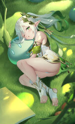 Rule 34 | 1girl, absurdres, bare shoulders, bloomers, blush, cape, cross-shaped pupils, dress, ekidona, full body, genshin impact, gradient hair, green cape, green eyes, green hair, green sleeves, hair ornament, highres, leaf hair ornament, long hair, looking at viewer, lying, multicolored hair, nahida (genshin impact), one eye closed, open mouth, outdoors, panties, pantyshot, pointy ears, ponytail, side ponytail, slime (genshin impact), stirrup footwear, stirrup legwear, symbol-shaped pupils, thighs, toeless footwear, toeless legwear, underwear, white bloomers, white dress, white hair, white panties