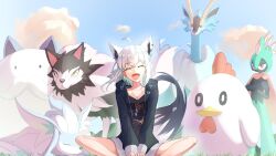 1girl ahoge animal_ear_fluff animal_ear_piercing animal_ears aqua_eyes black_jacket black_shirt black_tail chikipi cloud crossed_bangs direhowl double-parted_bangs earrings extra_ears feet_out_of_frame fenglope fox_ears fox_girl fox_tail foxcicle hololive hood hooded_jacket jacket jewelry kirimoya long_hair looking_at_viewer loungewear low-tied_long_hair multicolored_tail nejima_kitsune_(shirakami_fubuki) official_alternate_costume open_clothes open_jacket outdoors pal_(creature) palworld pentagram robinquill shirakami_fubuki shirakami_fubuki_(loungewear) shirt sidelocks single_earring sky sweepa tail two-tone_tail virtual_youtuber white_hair white_tail