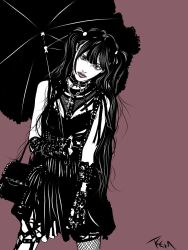Rule 34 | 1girl, asymmetrical legwear, bag, choker, commentary, dress, fishnet thighhighs, fishnets, garter straps, gloves, goth fashion, holding, holding bag, holding umbrella, jewelry, looking at viewer, monochrome, necklace, original, purple background, signature, simple background, single thighhigh, sleeveless, sleeveless dress, solo, standing, takucham0128, thighhighs, twintails, umbrella