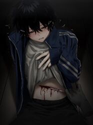 Rule 34 | 1boy, absurdres, bags under eyes, black hair, black pants, blood, blue jacket, blush, clenched teeth, closed eyes, clothes lift, cutting, disembodied hand, guro, hair between eyes, highres, holding, holding knife, imai akira, injury, jacket, knife, lifting own clothes, long sleeves, male focus, on floor, open clothes, open jacket, original, pants, shirt, shirt lift, sitting, solo, sweat, teeth, track jacket