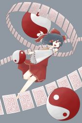 Rule 34 | 1girl, bare shoulders, black hair, bow, detached sleeves, female focus, grey background, hair bow, hair ribbon, hair tubes, hakurei reimu, japanese clothes, kaginoni, miko, ofuda, open mouth, outstretched arm, red eyes, ribbon, solo, touhou, yin yang orb