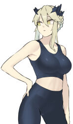 Rule 34 | 1girl, artoria pendragon (fate), artoria pendragon (lancer alter) (fate), ayame310, blonde hair, braid, breasts, crop top, fate/grand order, fate (series), hand on own hip, highres, large breasts, medium hair, pants, solo, sports bra, white background, yellow eyes, yoga pants