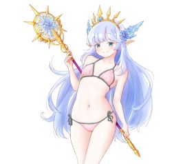 1girl alternate_costume blue_eyes breasts dragalia_lost granblue_fantasy hair_ornament highres holding holding_weapon lily_(granblue_fantasy) looking_at_viewer navel pointy_ears shirokuma_(shirokuma416) small_breasts swimsuit upper_body weapon