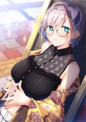 Rule 34 | 1girl, bad id, bad pixiv id, bare shoulders, braid, braided bangs, breasts, bright pupils, commentary request, crop top, earrings, feather hair ornament, feathers, glasses, green eyes, hair ornament, highres, hololive, hololive indonesia, jewelry, large breasts, looking at viewer, nail polish, navel, nidaime (doronbo), official alternate costume, own hands together, pants, pavolia reine, shawl, silver hair, smile, solo, virtual youtuber, white pants, white pupils, yellow shawl