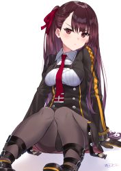 Rule 34 | 1girl, absurdres, arm support, black gloves, black pantyhose, blush, breasts, girls&#039; frontline, gloves, hair ribbon, head tilt, highres, long hair, looking at viewer, medium breasts, necktie, one side up, pantyhose, purple hair, red eyes, ribbon, shadow, shirt, signature, simple background, sitting, solo, striped clothes, striped shirt, takubon, thighband pantyhose, wa2000 (girls&#039; frontline)