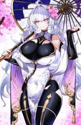 Rule 34 | 1girl, absurdres, ahoge, bare hips, bare shoulders, black gloves, breasts, bridal gauntlets, casul, cherry blossoms, china dress, chinese clothes, cleavage, cleavage cutout, clothing cutout, covered navel, cowboy shot, curvy, dress, elbow gloves, eyebrows hidden by hair, fate/grand order, fate/grand order arcade, fate (series), fingerless gloves, floral print, flower, gloves, grin, groin, hair between eyes, hair flower, hair intakes, hair ornament, highres, holding, holding umbrella, huge breasts, lady avalon (fate), large breasts, long hair, looking at viewer, merlin (fate/prototype), no panties, oil-paper umbrella, pink eyes, purple eyes, smile, solo, thighs, turtleneck, turtleneck dress, umbrella, upper body, very long hair, white hair, wide hips