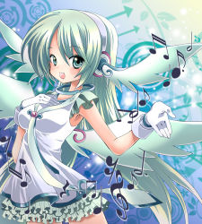 Rule 34 | 1girl, alternate costume, bad id, bad pixiv id, bracelet, dress, gloves, green eyes, green hair, hand on another&#039;s chest, hand on own chest, hatsune miku, head wings, headphones, jewelry, long hair, matching hair/eyes, musical note, necklace, project diva (series), project diva 2nd, seidou (tukinomiyako), solo, very long hair, vocaloid, wings